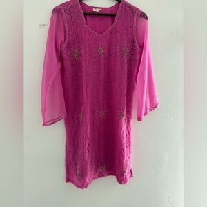 Hand stitched Pink Beaded Sheer Sleeve kurti size 40 | pink kurta party wear